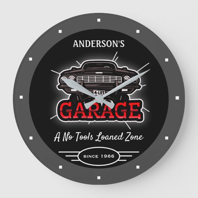 Alle Namen Garage Retro Auto seit Datum Grau Schwa Große Wanduhr (Vorderseite)