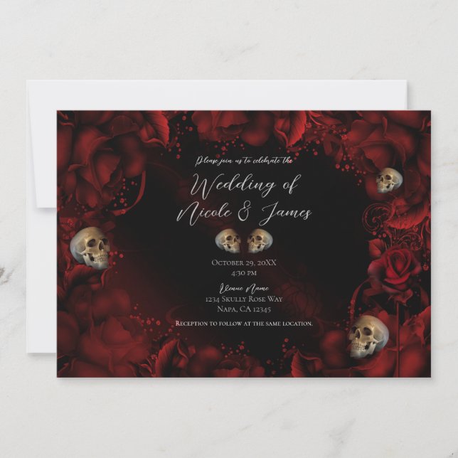Alle Rote Rosen & Skulls Dark Floral Wedding Einladung (Vorderseite)