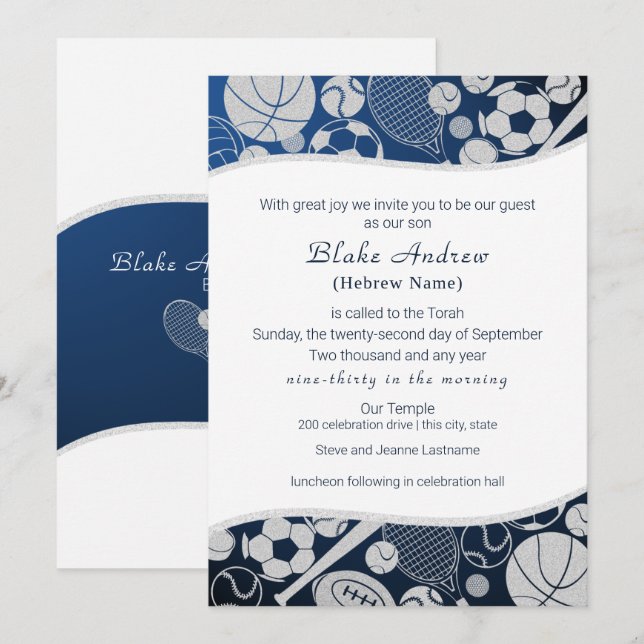 Alle Sport Bar Mitzvah Silver Blue Einladung 2 (Vorne/Hinten)