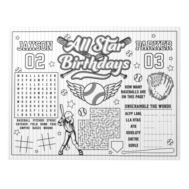 Alle Star Baseball Joint Birthday Colour Aktivität Notizblock (Vorderseite)
