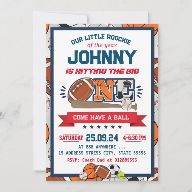 Alle Star Sport Erster Geburtstag Einladung (Vorderseite)