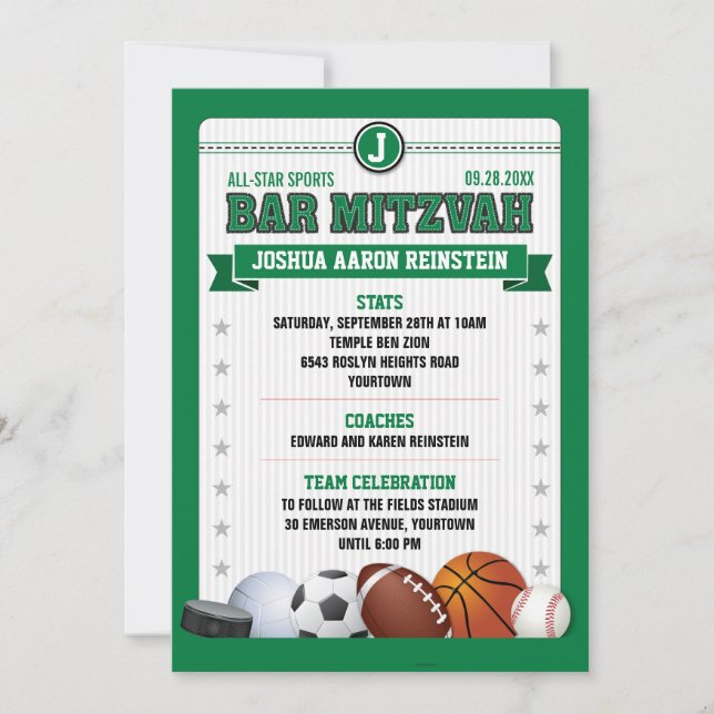 Alle Star Sports Green Trading Card Bar Mitzvah Einladung (Vorderseite)