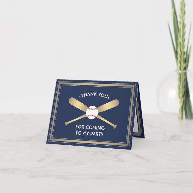 Alle Text 1 Foto Baseball Theme Party Navy & Gold Dankeskarte (Vorderseite)