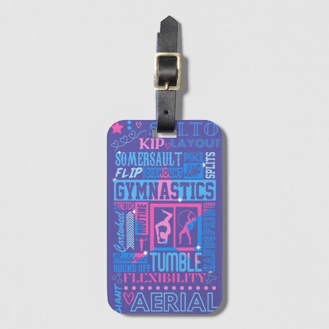 Alle Über Gymnastik Typografie in Rosa und Blau Gepäckanhänger (Vorderseite Vertikal)