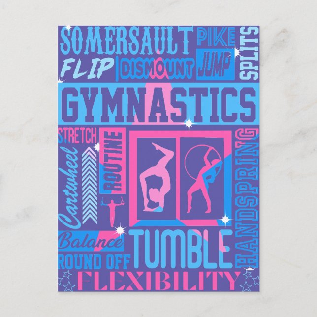 Alle Über Gymnastik Typografie in Rosa und Blau Postkarte (Vorderseite)
