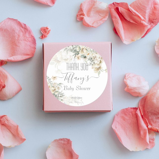 Alle weißen Babydusche silberweiße Blütengefälligk Runder Aufkleber (All white baby shower silver sage white flowers thank you favor gift stickers)