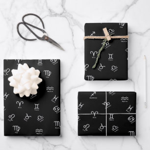 Alle weißen Zodiac-Zeichen auf schwarzem Hintergru Geschenkpapier Set