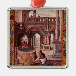 Allegorische Illustration eines Alchemisten an Silbernes Ornament