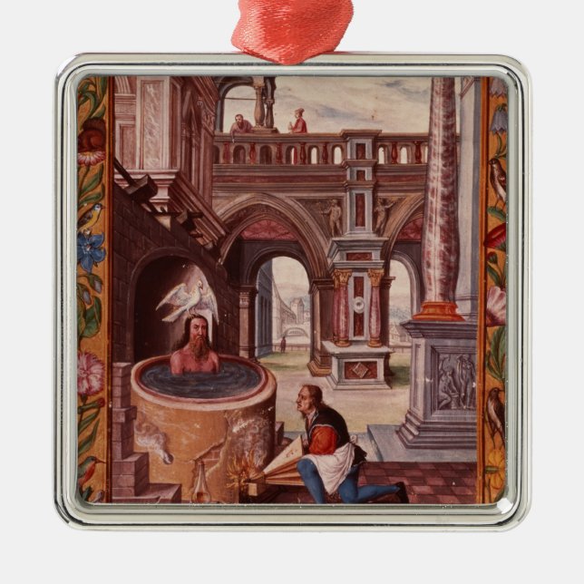 Allegorische Illustration eines Alchemisten an Silbernes Ornament (Vorne)