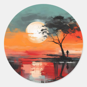 Allein am See – Einsamkeit beim Sonnenuntergang Runder Aufkleber