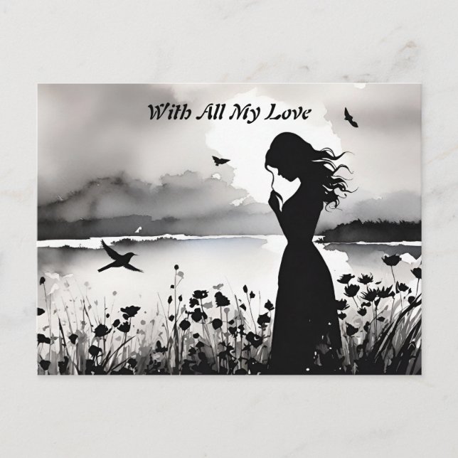 Alleine Frau mit Gedanken an Liebe Postkarte (Vorderseite)