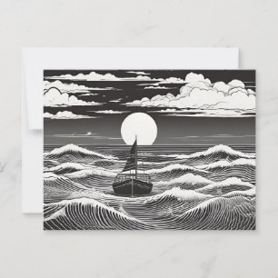 Alleinstehendes Segelboot in Mondlit Wellen über d Postkarte