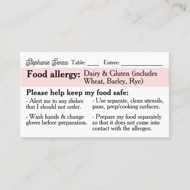 Allergikerkarte, Celiac Friendly Restaurant Telefonnummerkarte (Vorderseite)