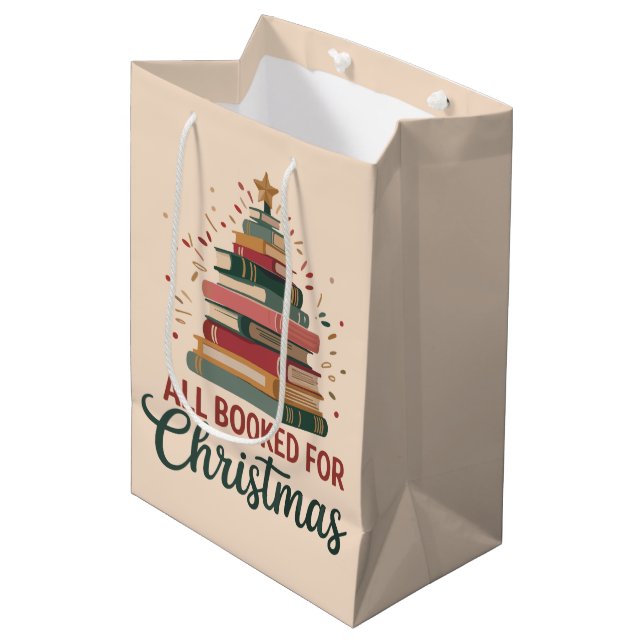 Alles gebucht für Weihnachten Buch Baum Weihnachte Mittlere Geschenktüte (Vorderseite Schrägansicht)