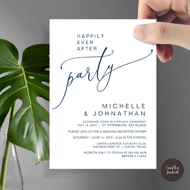 Alles Gute nach dem Empfang Abendessen und Tanzen Einladung (Happily Ever After Reception Dinner and Dancing Cash Bar, Adult only Invitation Card PDF Navy Blue)