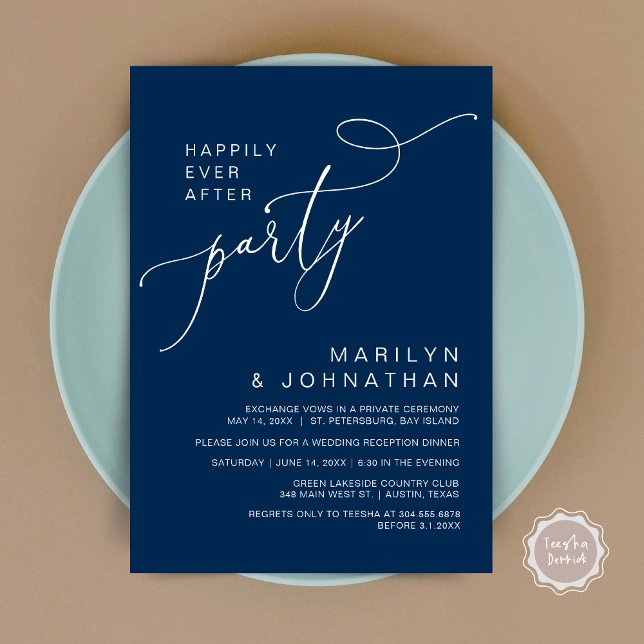 Alles Gute nach dem Empfang Abendessen und Tanzen Einladung (Happily Ever After Reception Dinner and Dancing Cash Bar, Adult only Invitation Card PDF Navy Blue)