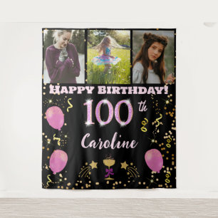 Alles Gute zum 100. Geburtstag Pink Glitzer & 3 Fo Wandteppich