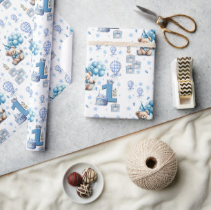 Alles Gute zum 1. Geburtstag Teddybär Blaues Gesch Geschenkpapier