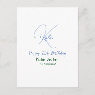 Alles Gute zum 21. Geburtstag blau add name Monogr Postkarte