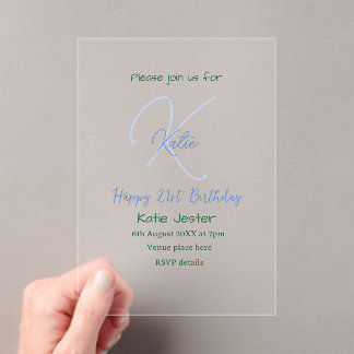 Alles Gute zum 21. Geburtstag blau Name Monogramm  Acryleinladungen