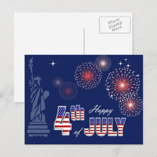 Alles Gute zum 4. Juli. Freiheitsstatue und Feuerw Postkarte