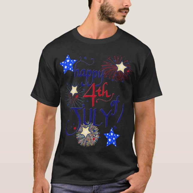 Alles Gute zum 4. Juli! mit Feuerwerk und Sternen T-Shirt (Vorderseite)
