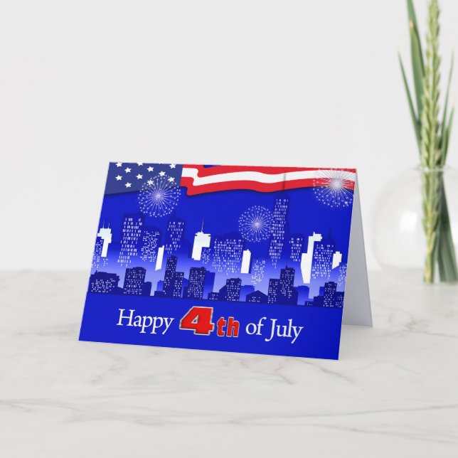 Alles Gute zum 4. Juli. Stadtbild und Feuerwerk Karte (Vorderseite)