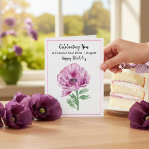 Alles Gute zum August-Geburtstag Lila Mohnblume Karte
