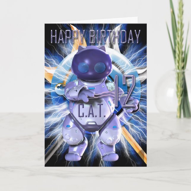 Alles Gute zum Geburtstag 12., Roboter-Katze, Karte (Vorderseite)
