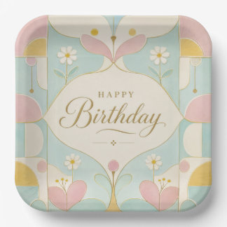 Alles Gute zum Geburtstag Art Deco Pastell Blumen Pappteller