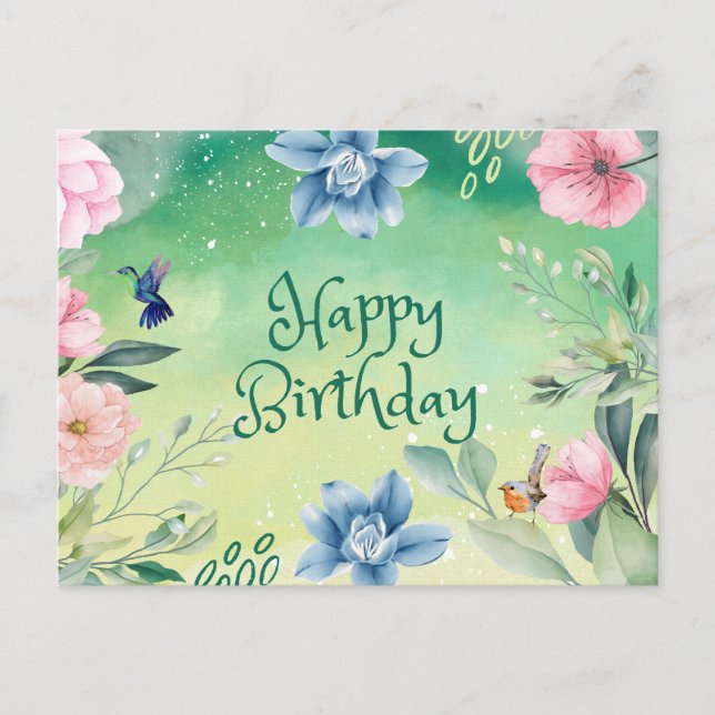 Alles Gute zum Geburtstag Blau, Rosa Blume Postkarte (Vorderseite)