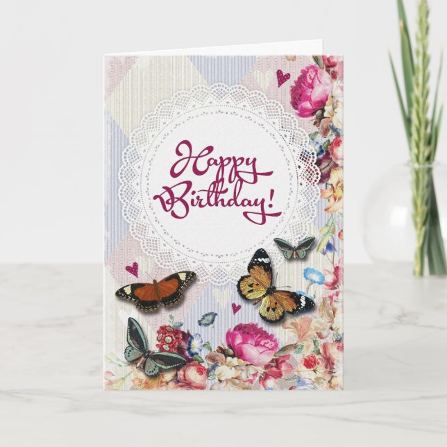 Alles Gute zum Geburtstag - Blume & Schmetterlinge Karte (Vorderseite)