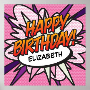 ALLES GUTE ZUM GEBURTSTAG Comic Book Pop Art rosa Poster