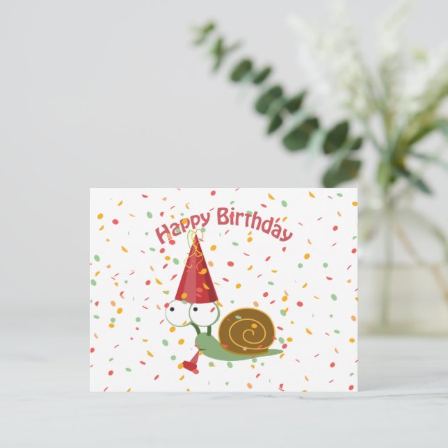 Alles Gute zum Geburtstag! Confetti Snail Postkarte (Stehend Vorderseite)