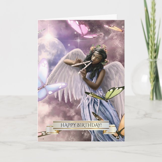 Alles Gute zum Geburtstag. Engel mit Schmetterling Karte (Vorderseite)