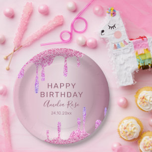 Alles Gute zum Geburtstag Glitter Drips Pink Metal Pappteller