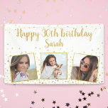 Alles Gute zum Geburtstag Gold Glitzer Fotos jedes Banner<br><div class="desc">Feiern Sie einen großen Geburtstag mit diesem Banner mit 3 Fotos des Geburtstagsmädchens,  2 benutzerdefinierten Textüberschriften,  das ganze Set vor einem weißen Hintergrund mit Imitaten goldenen Glitzer konfetti Glitzern. Spaß und Festlichkeit perfekt für jedes Alter Geburtstag feiern.</div>
