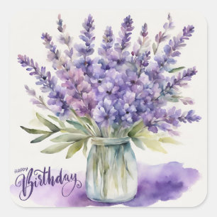 Alles Gute zum Geburtstag Lavendelblumen im Glas A Quadratischer Aufkleber