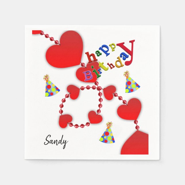 Alles Gute zum Geburtstag, Napkins, Rote Herzen Serviette (Vorderseite)