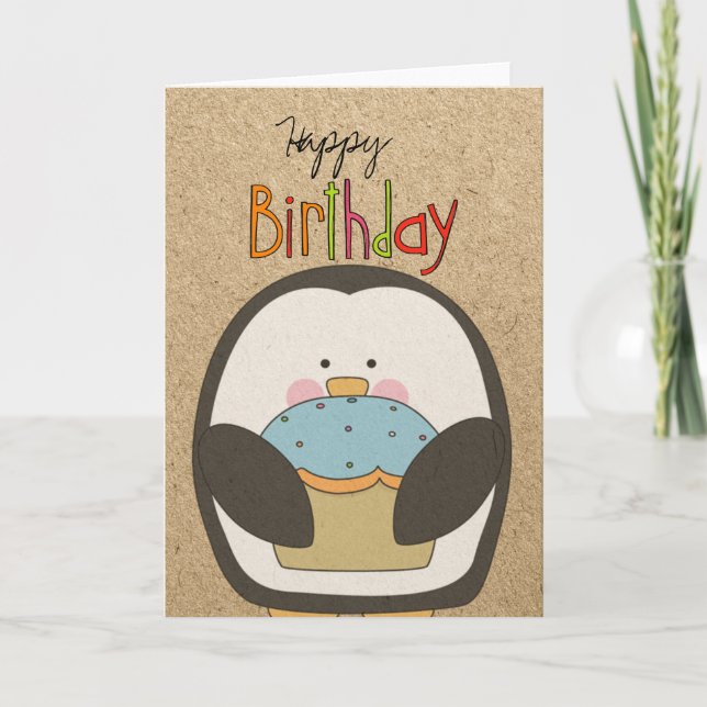 Alles Gute zum Geburtstag Pinguin und Cupcake Karte (Vorderseite)