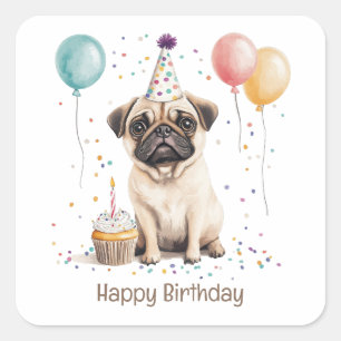 Alles Gute zum Geburtstag Pug Hund Quadratischer Aufkleber