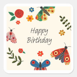 Alles Gute zum Geburtstag Schmetterling Florale Gr Quadratischer Aufkleber