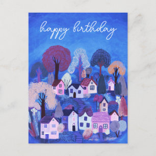 ALLES GUTE ZUM GEBURTSTAG Süße Dorf-Illustration Postkarte