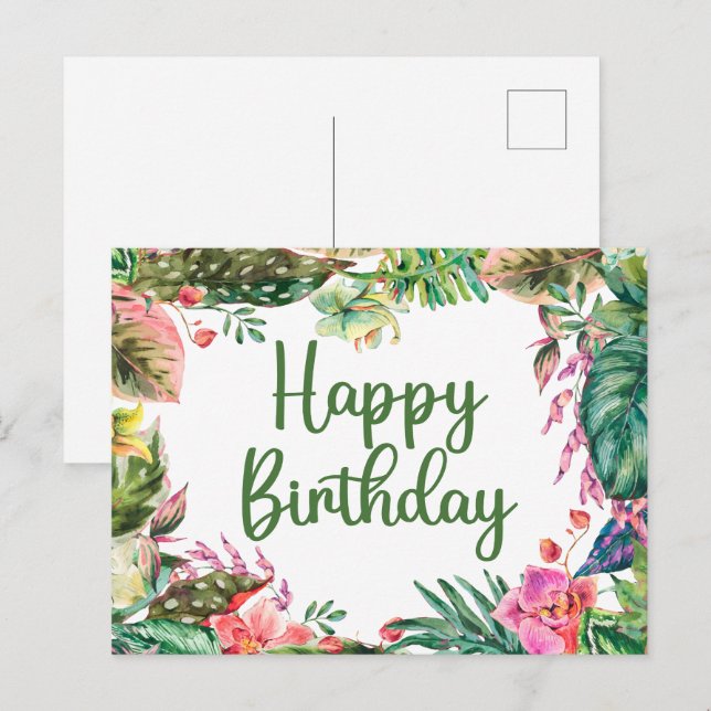 Alles Gute zum Geburtstag Tropische Blätter, Blume Postkarte (Vorne/Hinten)