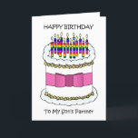 Alles Gute zum Geburtstag von Gay Sons Partner Feiertagskarte<br><div class="desc">Ein Cartoon Geburtstagskuchen mit einem rosa Bogen um ihn herum und einige Regenbogenkerzen oben. Die Worte "Happy Birthday to my Son's Partner" begleiten das Bild.</div>