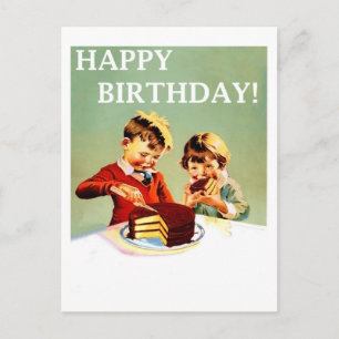 Alles Gute zum Geburtstag, zwei Kinder essen Kuche Postkarte