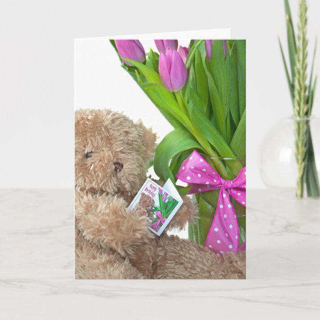 Alles- Gute zum GeburtstagTeddybär mit Tulpen Karte (Vorderseite)