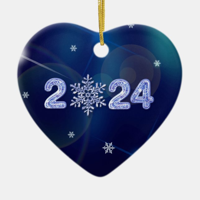Alles Gute zum neuen Jahr 2024. Eisanzahl und Schn Keramik Ornament (Vorne)