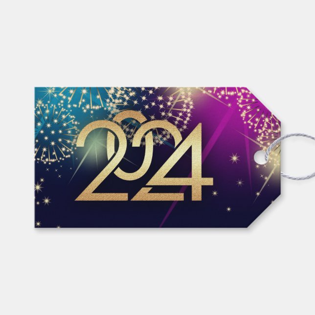 Alles Gute zum neuen Jahr 2024. Feuerwerkskörper Geschenkanhänger (Vorderseite (Horizontal))