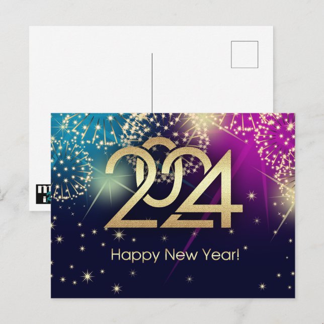 Alles Gute zum neuen Jahr 2024. Feuerwerkskörper Postkarte (Vorne/Hinten)